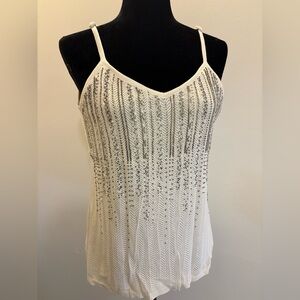 White House Black Market/WHBM Ecru Beaded V-Neck Cami Sweater NWT